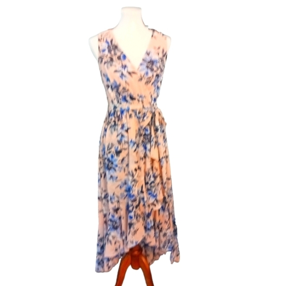 Eliza J Dress Pink Floral Ruffle High Low Maxi Faux Wrap Size 6 - Picture 2 of 8